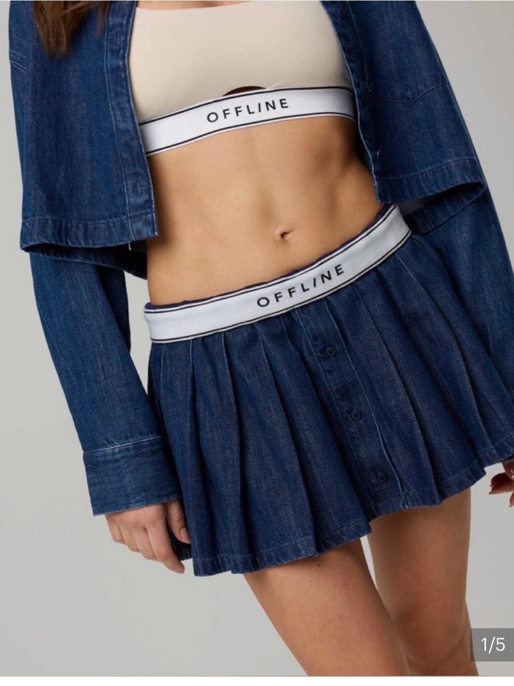 Offline by Aerie Oxford Mini Skort Denim Skirt w built in shorts Small Pleated - Picture 4 of 8